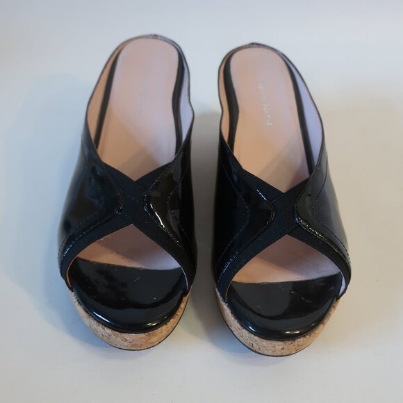 Womens Taryn Rose Selinda Black Patent Leather Peep Toe Cork Wedge Mule Heel 9.5 - Picture 2 of 13